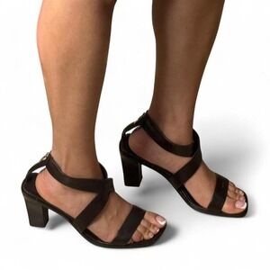 Paolo linea brown leather strappy block heel sandals minimalist square toe